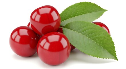 Fresh cherries with leaves on a plain surface viewed from above