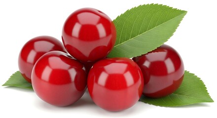 Cluster of cherries with leaves on a white background viewed from above showcasing the fruit and foliage