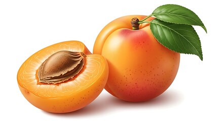 Fresh apricots with leaves and one halved showing pit on a clean surface