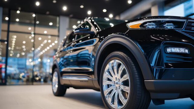 59Low-angle close-up of a luxury SUV in a premium car dealership, emphasis on wheel design and lower body lines, dramatic showroom lighting sculpting the vehicle&rsquo;s form, high-end com