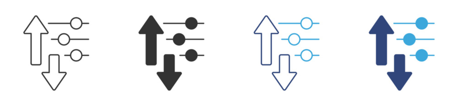 Vertical Sliders Icon Set. Up and Down Control and Adjustment Symbols. User Interface Concept. Vector Illustration.