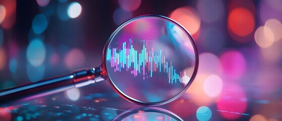 A magnifying glass focuses on a colorful sound wave graph, symbolizing analysis and data in technology and sound.