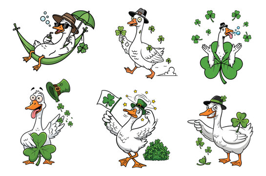 St Patrick Day Goose Cartoon Collection with Shamrock and Leprechaun Hat Cute Irish Green Vector Illustration Set for Sticker Tshirt Print