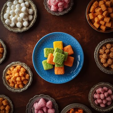 Colorful assortment of traditional indian sweets arranged on a wooden table