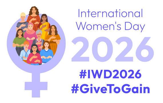 Give to Gain campaign pose. International Women's Day 2026. Diverse women demonstrate open palms giving gesture, with hand on their hearts to show generosity, collaboration and support for all women