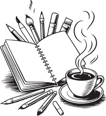 A brown mug of steaming coffee sits on a wooden office desk next to an open paper notebook and a pen, capturing a quiet morning work moment in a cafe