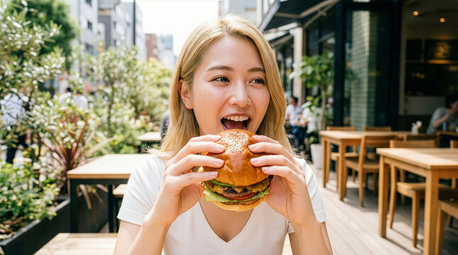 夏の日のランチタイムに白いTシャツ姿でハンバーガーを楽しむ金髪の女性