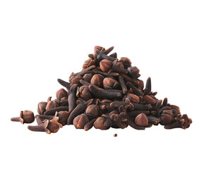 Pile of brown cloves, dark stems and round tops, isolated on black background