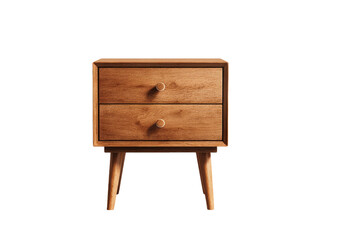 Wooden nightstand with two drawers and angled legs on a black background