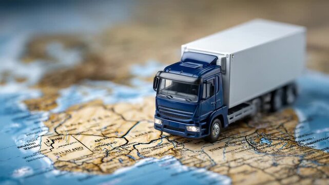 93Close-up symbolic image of a small delivery truck on a world map, detailed cartographic elements in focus, truck positioned along a visible route line, soft shadows and professiona