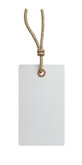 Blank white tag with tan string hanging, isolated on a black background