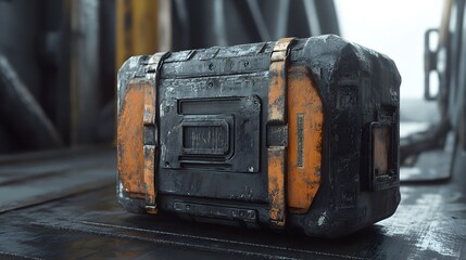 Close-up of a rugged, futuristic storage container with a worn surface, showcasing modern design and durability in industrial settings.