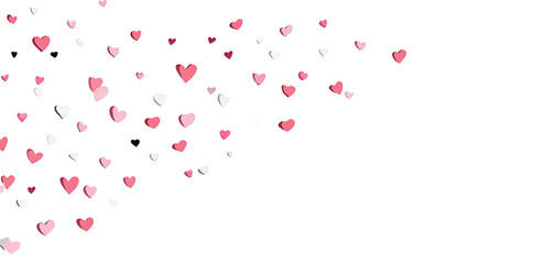 Pink and white outlined hearts floating on a stark black background
