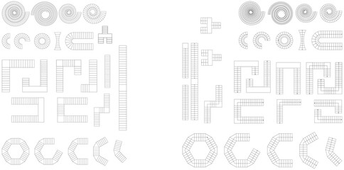 Type of stairs, architectural Geometric elements for staircase, blueprint, customizable stroke, vector, illustration of house floor plan © Zain
