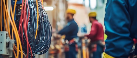 Close-up of colorful electrical wires in an industrial setting. Workers are engaged in hands-on tasks, showcasing teamwork and craftsmanship in a bustling environment.