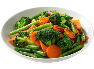 Colorful steamed broccoli, sliced carrots, and fresh green beans, served in a white bowl