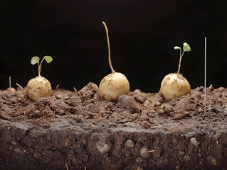 Close-up of sprouting seeds in rich soil, representing growth and the beginning of new life in gardening and agriculture.