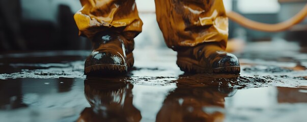 Close-up of waterproof boots standing on a wet surface, highlighting protective gear in an industrial setting. Droplets and reflections create a dynamic visual experience.