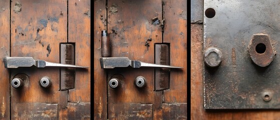 Close-up of antique door locks showcasing rustic metalwork and weathered wood. Perfect for architecture and vintage decor themes.