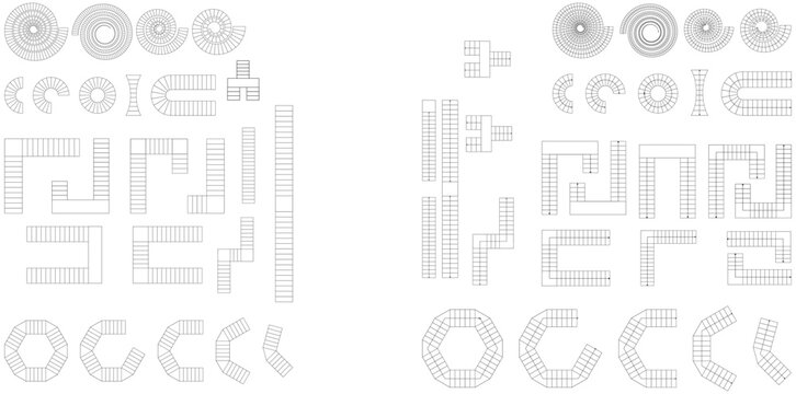 Type of stairs, architectural Geometric elements for staircase, blueprint, customizable stroke, vector, illustration of house floor plan