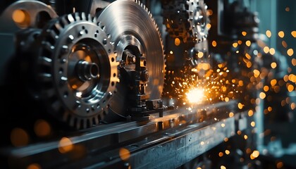 Dynamic industrial scene showcasing machinery in action, featuring spinning gears and sparks from metalworking processes. A vivid representation of modern manufacturing techniques.