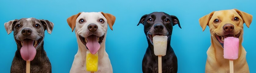 Four happy dogs enjoying colorful ice pops against a vibrant blue background. Their joyful expressions capture a playful and fun moment perfect for pet lovers.