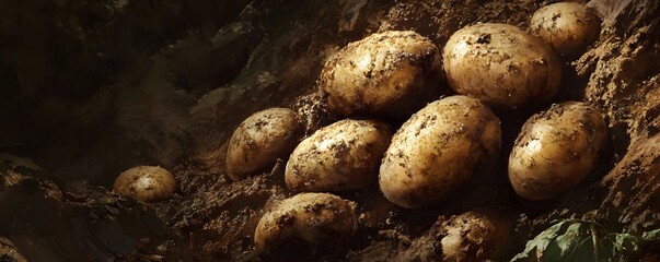 Freshly harvested potatoes nestled in rich, earthy soil, showcasing their natural texture and organic appeal in a rustic setting.