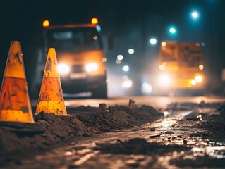 Nighttime road construction scene featuring caution cones and construction vehicles illuminating dusty streets.