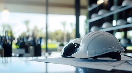 Professional construction helmets rest on a blueprint in an office