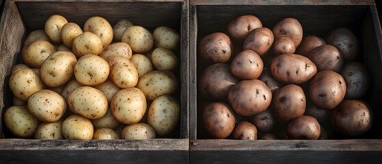 This image showcases an arrangement of fresh potatoes in two wooden crates, highlighting the texture and shades of the varieties. Perfect for culinary and agricultural themes.