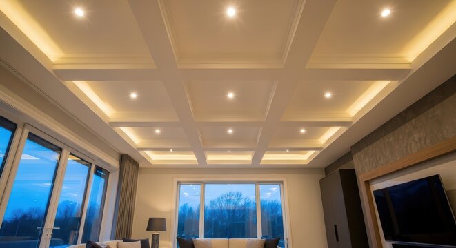 Modern living room with elegant coffered ceiling and recessed lighting at dusk, highlighting large windows and comfortable seating area