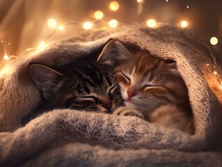 Two adorable kittens snuggled together in a cozy blanket, surrounded by warm fairy lights creating a peaceful atmosphere.
