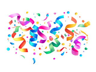 Bright, colorful confetti and streamers cascade on black background