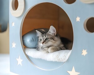 A charming cat resting inside a cozy blue cat house, showcasing a peaceful and playful atmosphere.