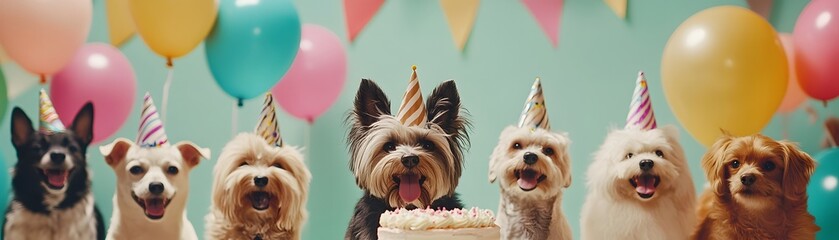 A cheerful gathering of dogs celebrating a birthday party, wearing party hats and surrounded by colorful balloons. The joyful atmosphere captures the essence of canine happiness.
