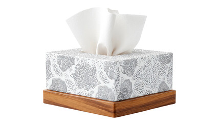 Tissue box with floral pattern, wooden base, and tissues sticking up