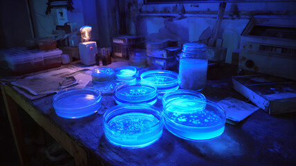 Glowing Bacteria Cultures in Petri Dishes