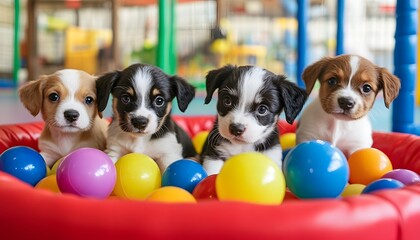A cheerful scene of four playful puppies nestled in a colorful ball pit, showcasing their adorable expressions and lively personalities, perfect for pet lovers and family themes.