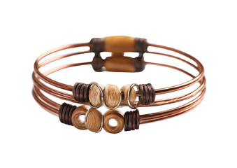 Copper-wire bangle with wood beads & brown spacers, isolated on black