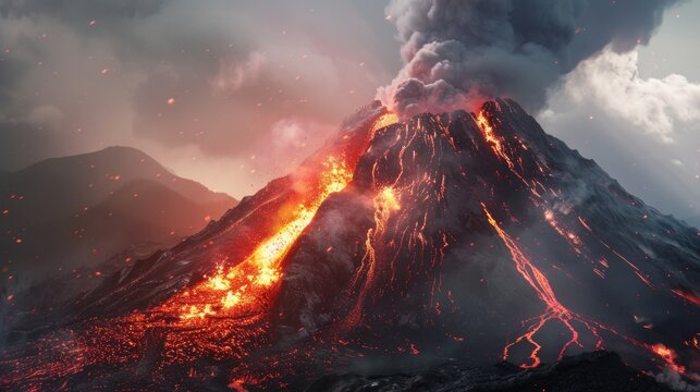 The volcano spews lava and ash, posing a threat to the environment and life, illustrating the devastating consequences of natural disasters &mdash; the perfect dramatic backdrop  