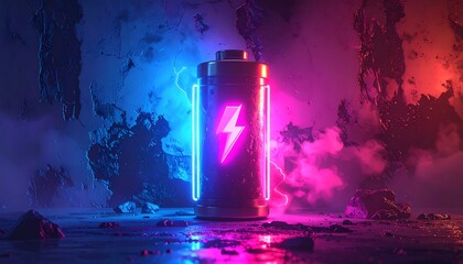 A futuristic metal battery with a lightning bolt symbol glows against a textured wall, surrounded by neon and smoke