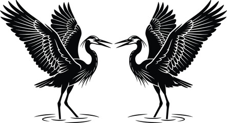 Fototapeta premium Symmetrical Black and White Vector Illustration of Two Great Blue Herons Standing in Water with Open Wings and Pointed Beaks
