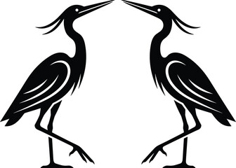 Fototapeta premium Symmetrical minimalist black and white vector illustration of two elegant herons standing face to face in a clean silhouette style