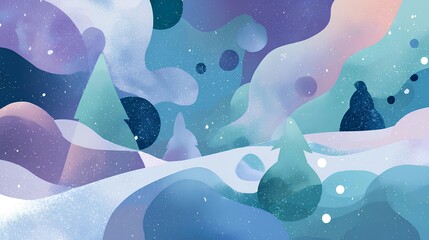 Winter Landscape Serenity: A whimsical winter scene, with soft hues of blue and purple, depicts a snowy landscape. Trees stand amidst the snowfall, creating a peaceful and dreamy atmosphere.