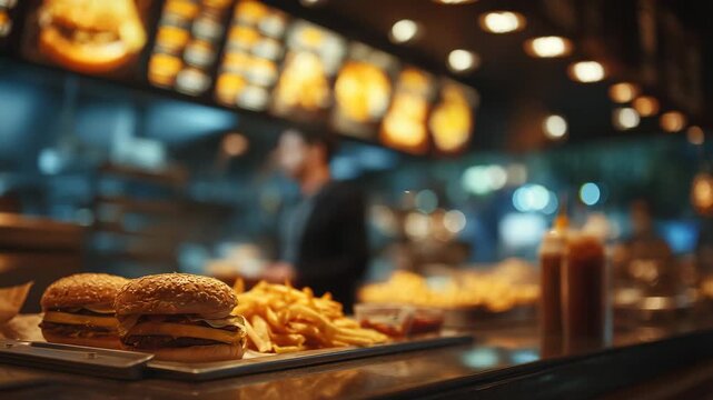 138Cinematic interior shot of fast food counter area, sharp focus on menu panels with burgers and fries, counter items including fries and ketchup slightly blurred, professional resta