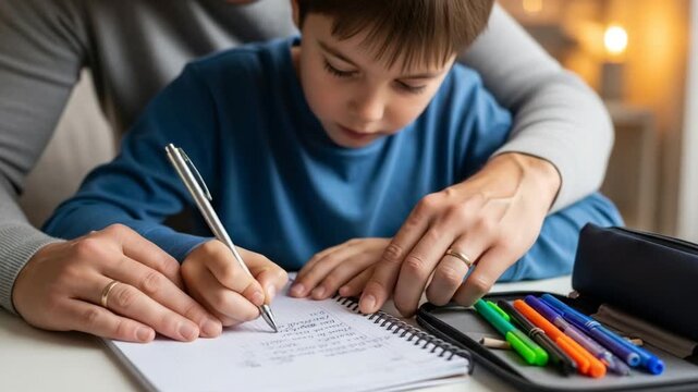 Young boy learning to write with parent at home on a notebook  