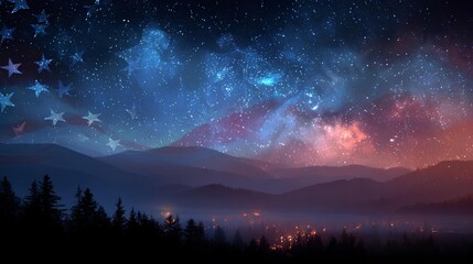 Fototapeta premium Night Sky and Hills: A captivating landscape depicts a night sky ablaze with stars, interwoven with the silhouette of a mountain range, evoking a sense of wonder and freedom.