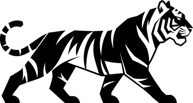 Stylized Black and White Tiger Silhouette Vector Illustration Walking Profile for Logo Mascot and Tribal Tattoo Design
