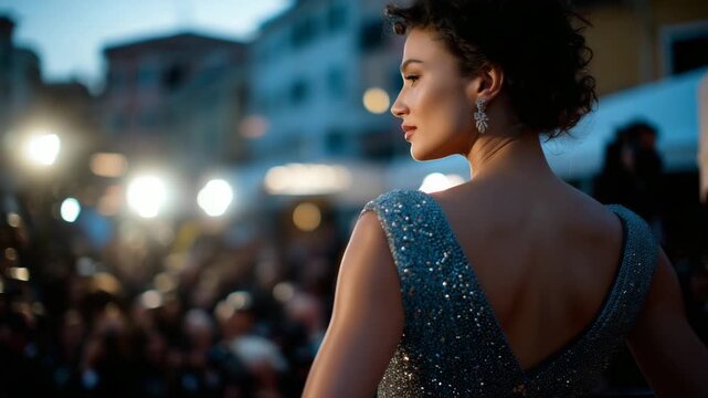 158Elegant rear view of celebrity in designer gown, Venice Film Festival, red carpet lined with photographers, camera flashes illuminating sparkling dress, glamorous movie star ambian