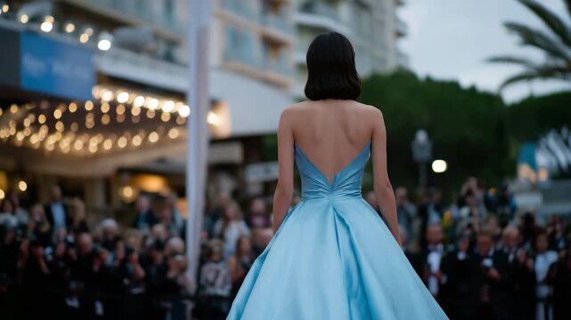 161Cinematic back perspective of actress on red carpet, flowing luxurious gown trailing behind, Cannes premiere, spotlight and flash photography, high-fashion celebrity model vibes